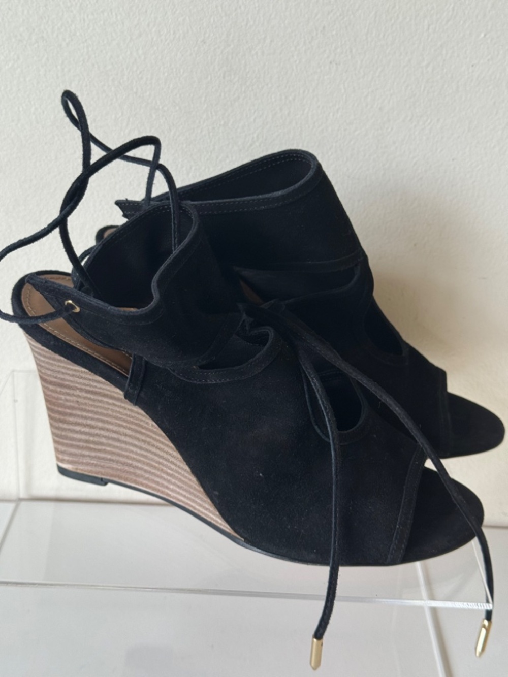 Aquazzura Black Suede Lace Up Wedge Sandals Cutout Italy Size 36 NWT